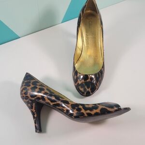 J.Crew patent leather leopard print pumps with wood-effect heels, made in Italy.